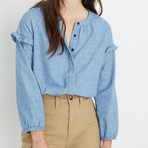 madewell denim collarless ruffled sleeve s…
